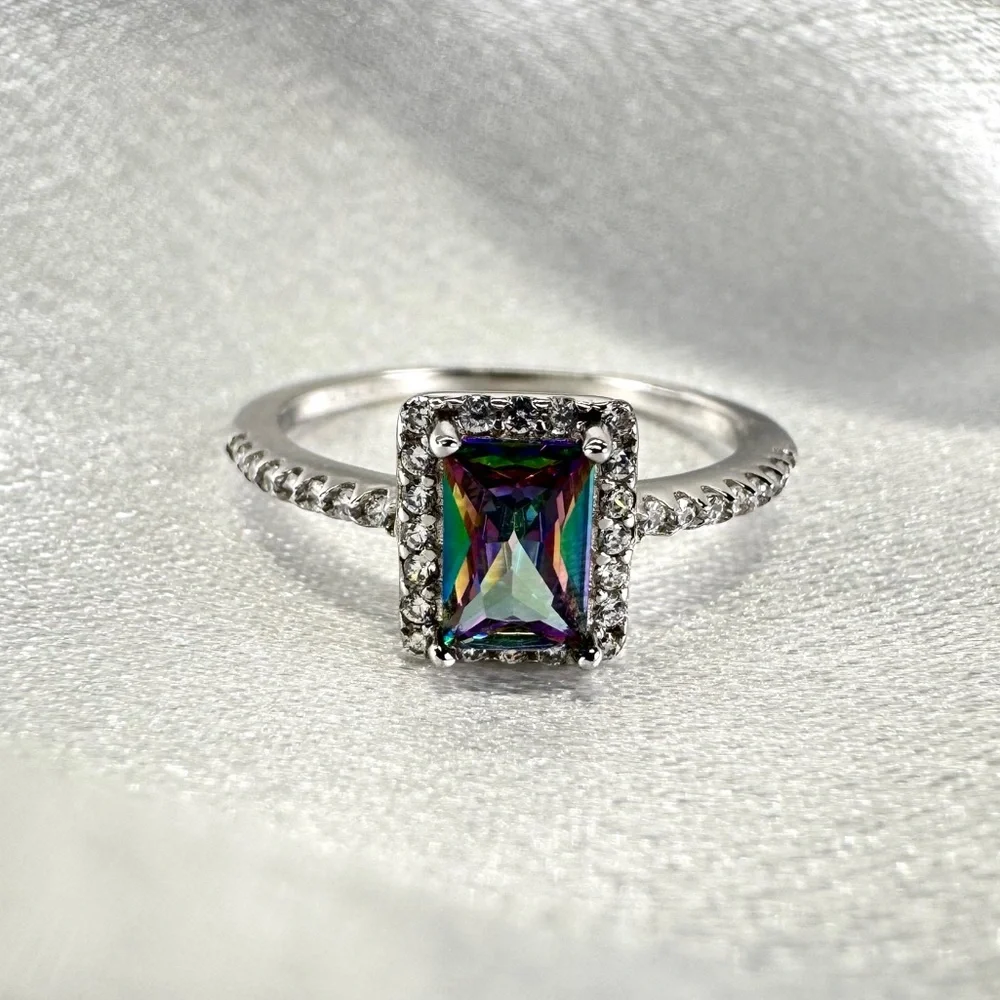 925 Sterling Silver Rhodium CZ mystic topaz Ring w/ polishing cloth Size 6 NEW